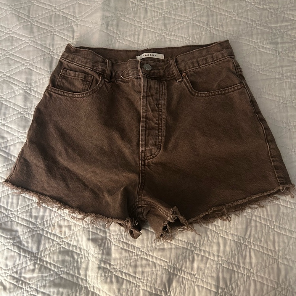 PacSun High-Rise Frayed Hem Denim Shorts - Brown